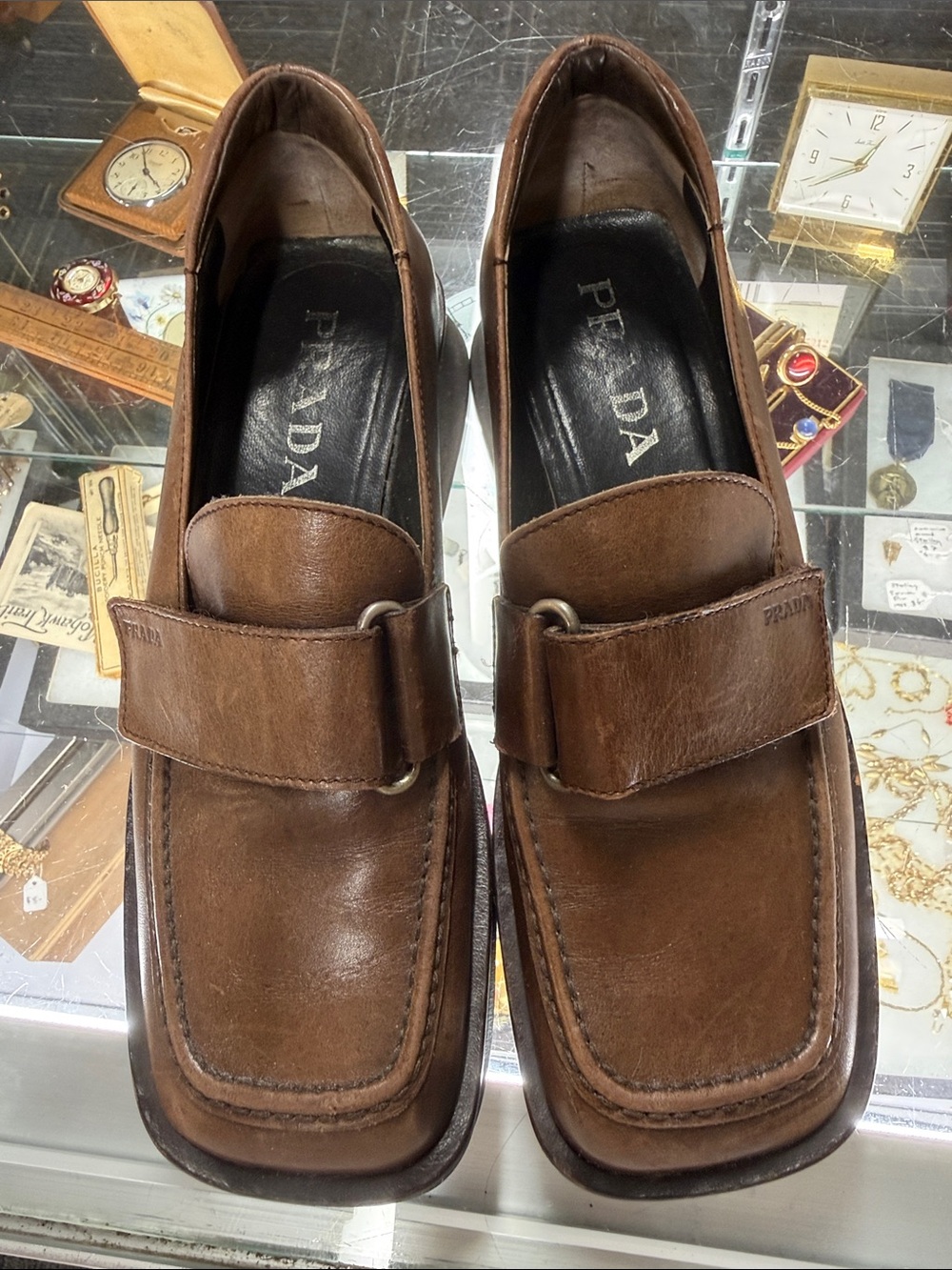 Prada Brown Leather Square-Toe Slip-On Loafers - Picture 8 of 8